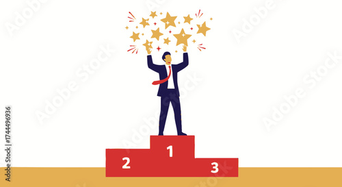 Businessman celebrating success on a podium reaching for stars vector illustration artwork