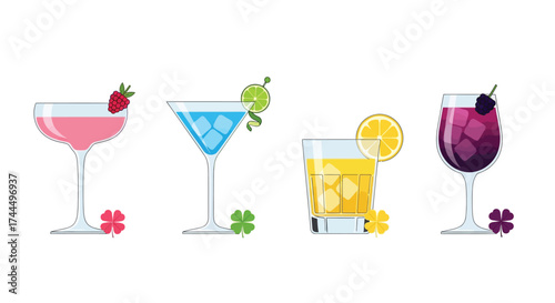 Vibrant Collection of Clover Club Cocktails, Flat Vector Style on White