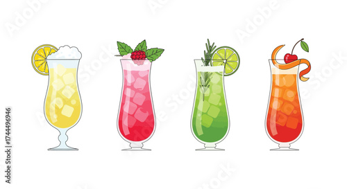 Illustrative quartet featuring refreshingly colorful fruity gin fizz cocktails