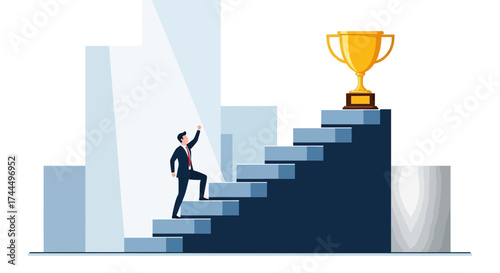Business success concept depicts a man climbing stairs to achieve his goal and trophy