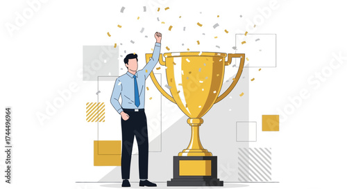 Businessman Celebrating Success with a Trophy and Confetti, Achieving Goals, Reward Winning