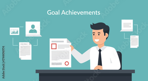 Business Success: Employee Celebrating Achievement and Reviewing Goal Accomplishment