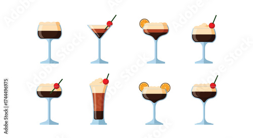 Elegant flat vector Espresso Martini cocktails selection on clean white backdrop