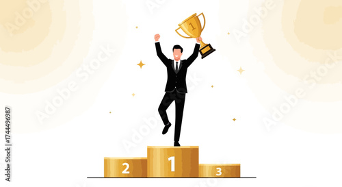 Businessman celebrating success with a trophy on the winner's podium illustration