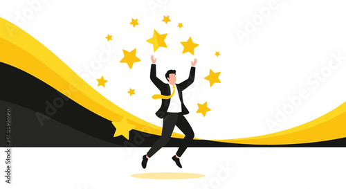 Businessman Celebrating Success With Golden Stars Amidst Yellow and Black Abstract Design
