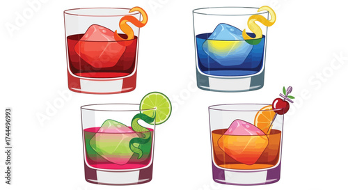 Vibrant Cocktail Collection: Four Unique Drinks with Stylized Ice Cubes