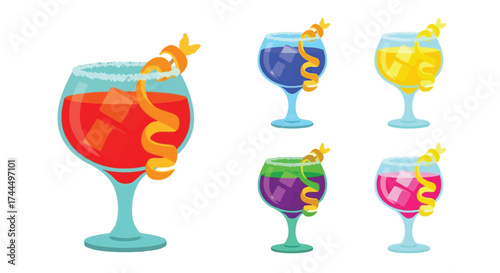 Set of Colorful Brandy Crusta Cocktails with Citrus Twists on White