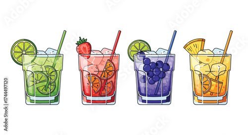 Vibrant Variety: Flat Vector Style Caipirinha Cocktails on a White Surface