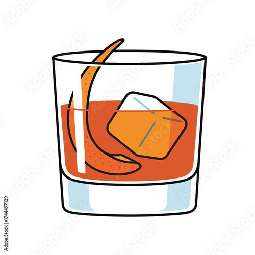 Hand-drawn cocktail illustration with ice cube and orange peel garnish
