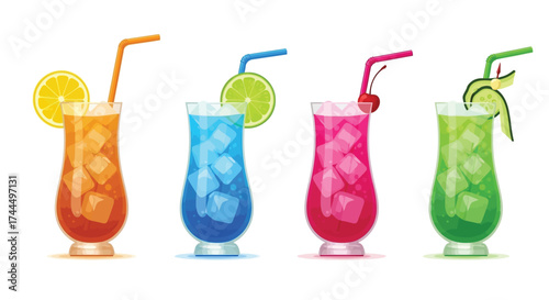 Vibrant assortment of colorful cocktails, each a unique refreshing refreshment