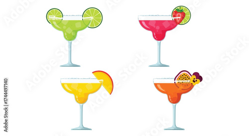 Vibrant flat vector illustrations showcasing a delightful array of margarita cocktails