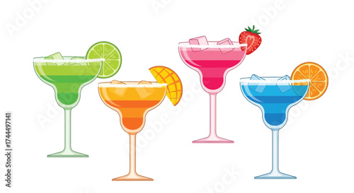 Assorted Colorful Margarita Cocktails with Tropical Fruit Garnishes Set