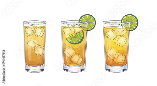 Illustrative Set of Paloma Cocktails with Lime and Ice on White