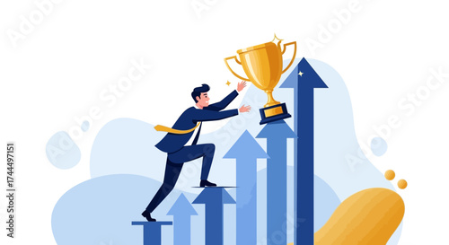 Businessman Climbing Arrows Towards Trophy Represents Success, Achievements and Goals