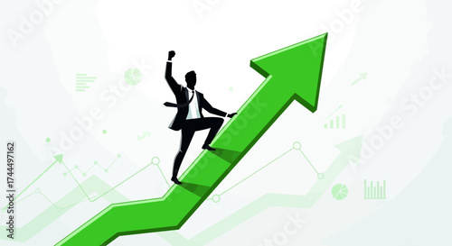 Businessman Climbing Exponential Growth, Achieving Financial Success, Demonstrating Triumph