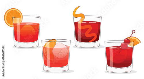 Illustrative flat vector composition of classic Negroni cocktails on white backdrop