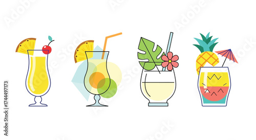 Vibrant tropical cocktails vector illustration set with fruity accents