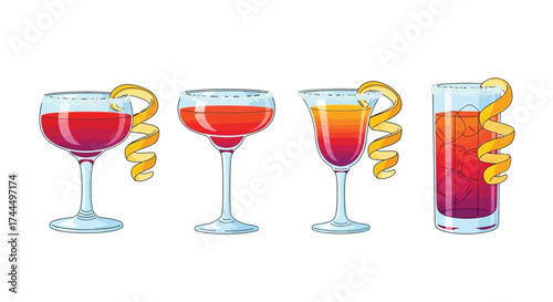 Vibrant Cocktail Collection: Four Stylish Drinks with Citrus Zest Garnish