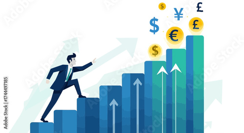 Businessman Climbing Financial Stairs Above Currency, Success, Growth, Investment, Strategy
