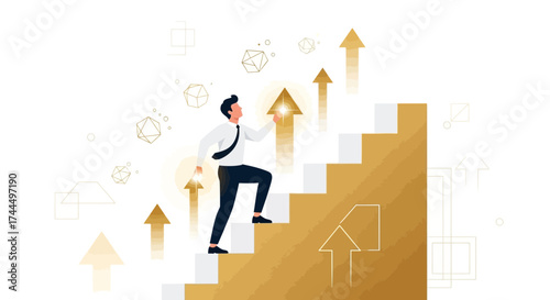 Businessman climbing golden stairs representing success and achieving goals in business