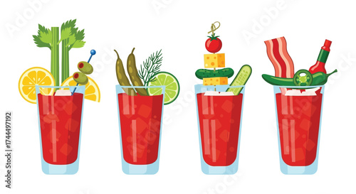 Variety of Bloody Mary Cocktails with Different Garnishes Flat Vector Style