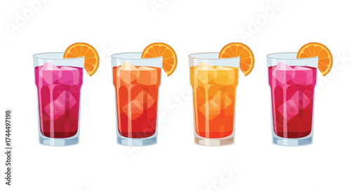 Set of Four Colorful Vector Cocktails with Orange Slices on White Background