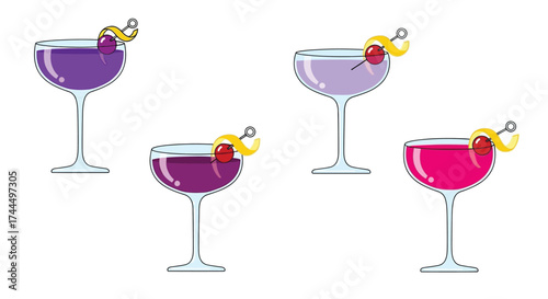 Vibrant collection of four classic aviation cocktails in a flat vector style