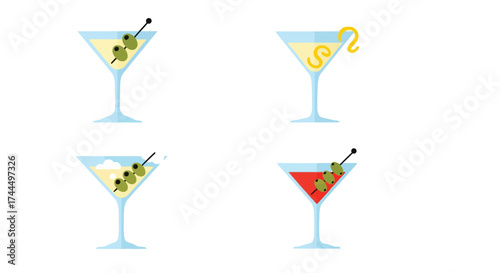 Colorful flat vector cocktails martini set illustration on white backdrop