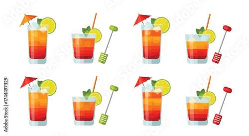 Vibrant assortment of Mai Tai cocktails, showcased with flat vector artistry