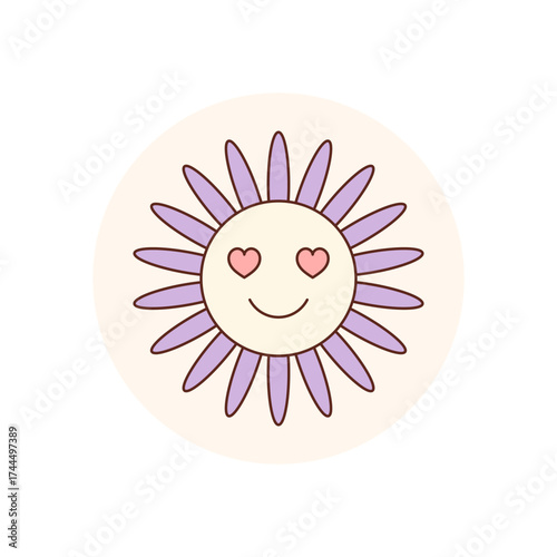 Cute round cartoon flower with groovy smile and heart eyes in colorful y2k retro style sticker. Sticker for package lid or seal. Vibrant circle for playful product, modern packaging or cheerful