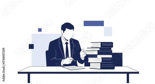 Businessman Analyzing Documents Surrounded By Books Symbolizing Professionalism And Insight