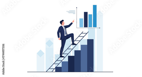 Businessman Climbing Ladder Towards Financial Success Shows Growth And Business Progress