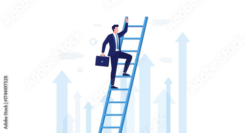 Businessman Climbing Ladder Towards Success, Rising Above the Competition and Achieving Goals