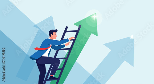 Businessman climbing ladder towards success and upward growth, business concept illustrated