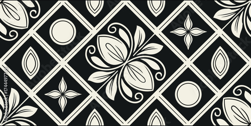 Luxury Ornamental Floral Vector Pattern | Black and White Decorative Swirl and Geometric Tile for Fashion, Fabric, Carpet, Interior and Graphic Design | Timeless Digital Art Texture