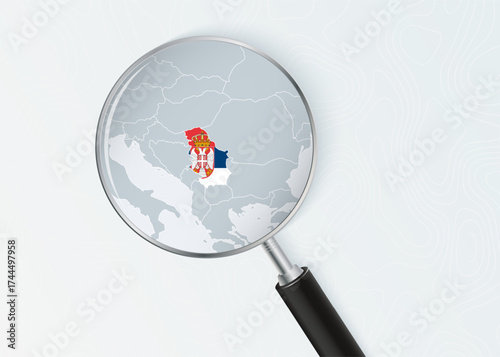 Serbia Map Under Magnifying Glass with National Flag Overlay.