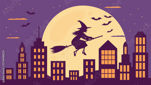 Vector Silhouette of a Witch Riding a Broomstick Across the Full Moon