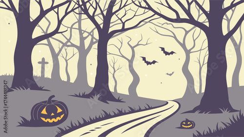 Vector Spooky Forest Scene with Tall Twisted Trees and Fog