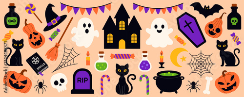 Colorful Halloween set: ghosts, pumpkins, cats, haunted house, spooky elements. Festive illustration for scrapbooking, background, card, party invitation, poster, stickers. Flat vector collection.