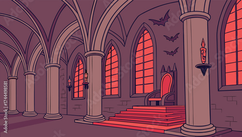 Vector Illustration of a Gothic Castle Interior with Grand Staircase