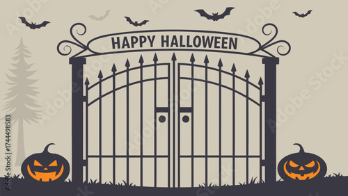Vector Illustration of a Giant Iron Cemetery Gate at Night