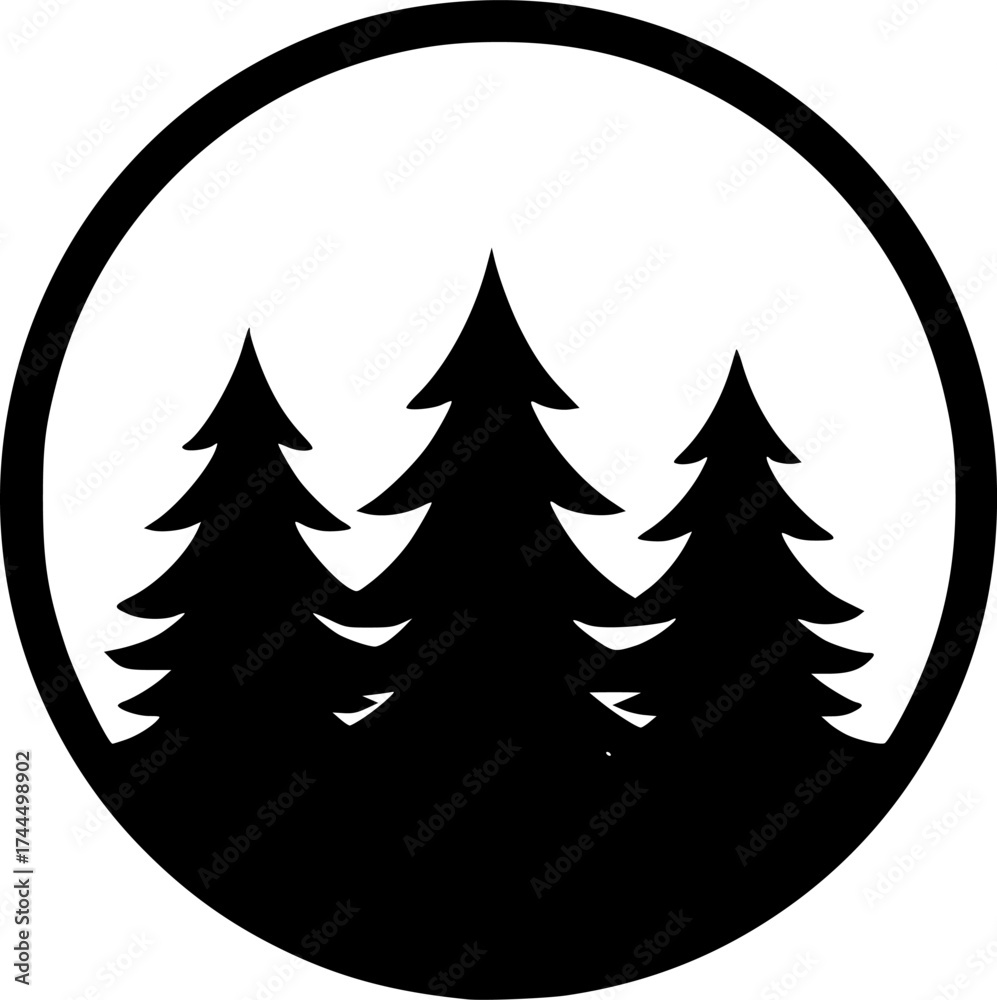 Fototapeta premium Minimalist Black Pine Trees in Circle Logo Design 