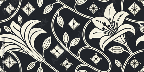 Luxury Ornamental Floral Vector Pattern | Black and White Decorative Swirl and Geometric Tile for Fashion, Fabric, Carpet, Interior and Graphic Design | Timeless Digital Art Texture
