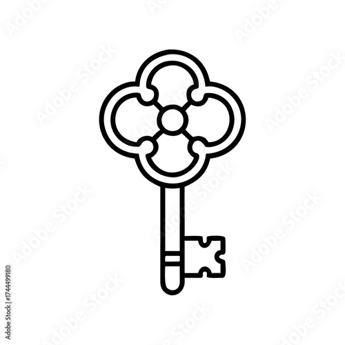 Vintage iron key design with ornate handle and flat illustration style  
