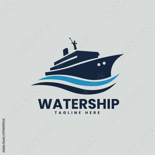 Elegant cruise ship with abstract water lines, symbolizing watership, travel, tourism, and marine transport, ideal for shipping companies, travel agencies, or luxury cruise lines.

