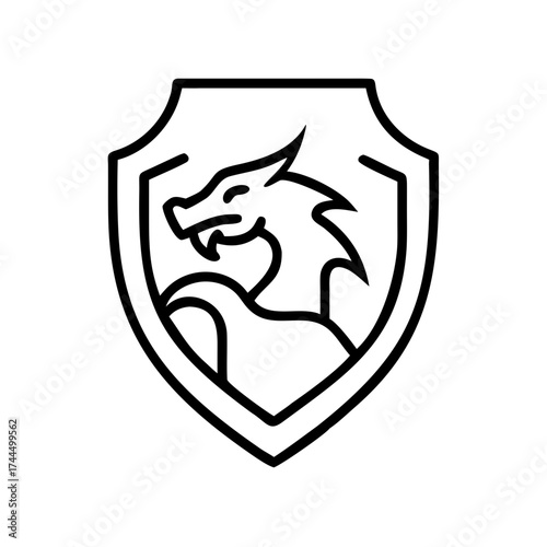 Dragon illustration on a shield in minimal outline style - Concept of shield  