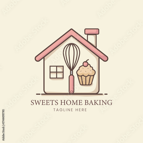 Charming house with a whisk and cupcake, symbolizing home baking, sweets, kitchen, and confectionery, ideal for bakeries, cafes, homemade food, or cooking blogs.
