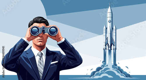 Businessman looking to the future with binoculars near a rocket taking off to space