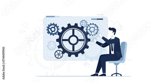Businessman Manipulating Gears and Settings on an Interface in a Clean Illustration