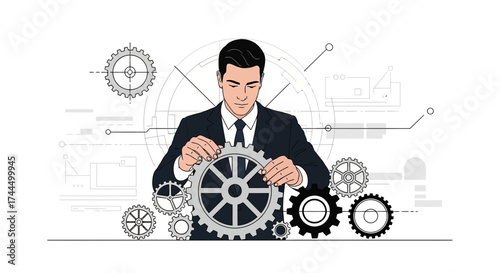 Businessman Manipulating Gears, Illustrating Concept of Strategy, Innovation, And System